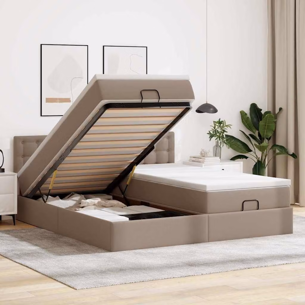 Letto con contenitore e materasso vidaXL in similpelle beige o marrone, L/P/H: 200 x 200 x 88 cm con base a sollevamento, illuminazione sottostante e porta di ricarica USB