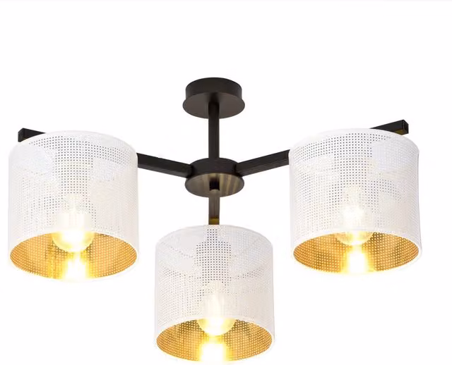 Plafoniera Industrial Luceart-Classic con 3 Luci in Metallo Bianco e Paralumi a Cilindro Oro