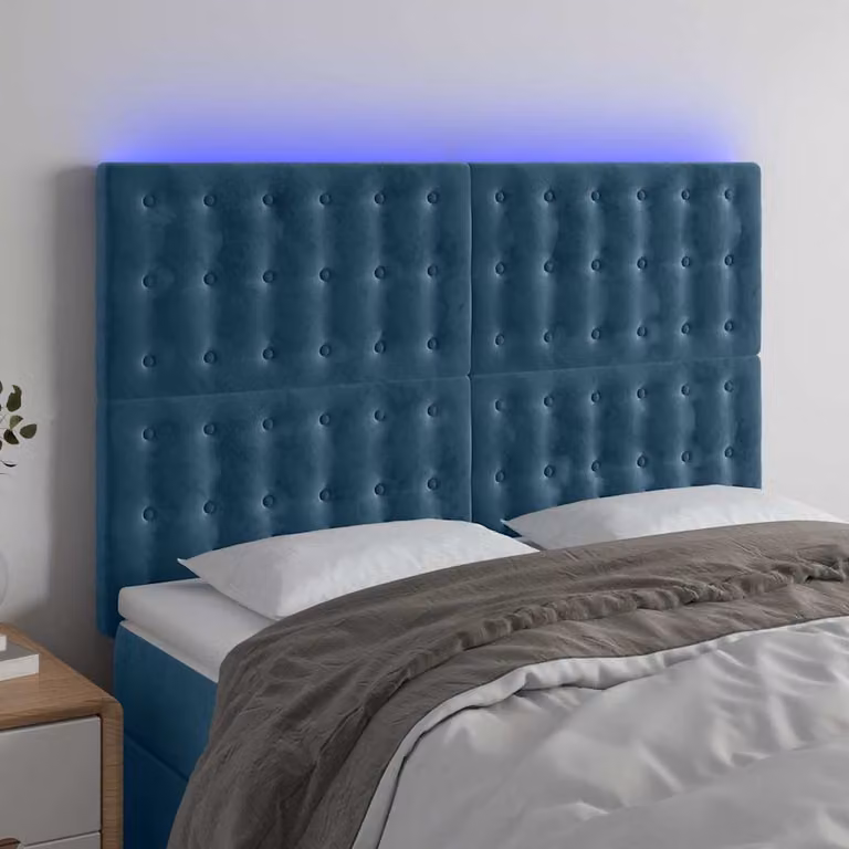 Testiera per letto vidaXL in velluto blu con illuminazione LED e porta di ricarica USB, L: 144 cm, P: 5 cm, H: 118-128 cm