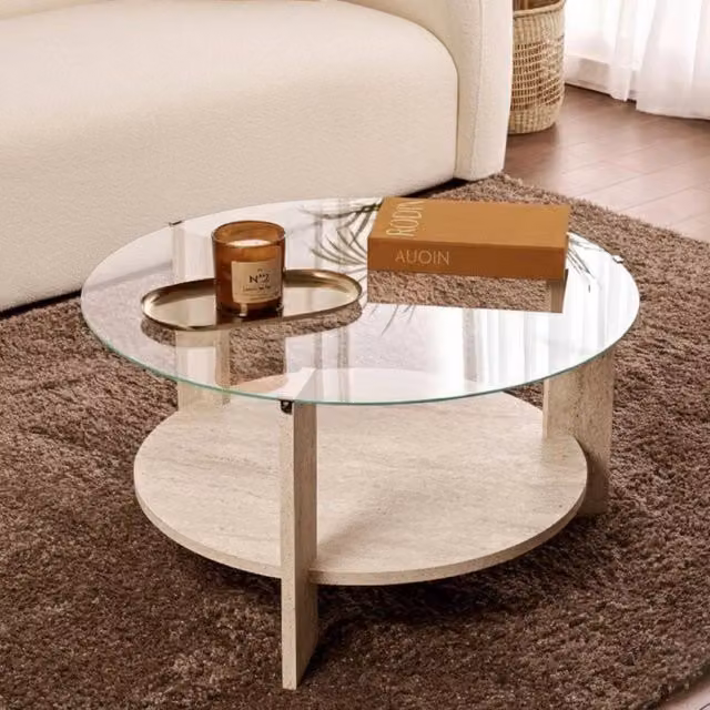 Tavolino da salotto rotondo Canevino in marmo bianco e vetro, L/P/H: 75 x 75 x 40 cm – 1