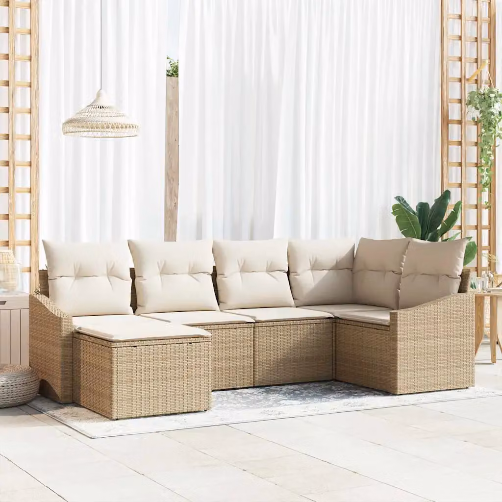 Set di divani da giardino vidaXL in polyrattan beige con cuscini e tavolino da esterno, composizione a L con elementi angolari e pouf, 6 pezzi