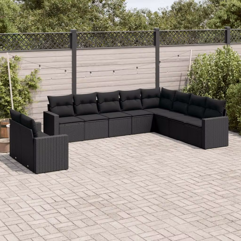 vidaXL Set di Divani da Giardino a Forma di L in Polyrattan Nero con Cuscini e Struttura in Acciaio – 1