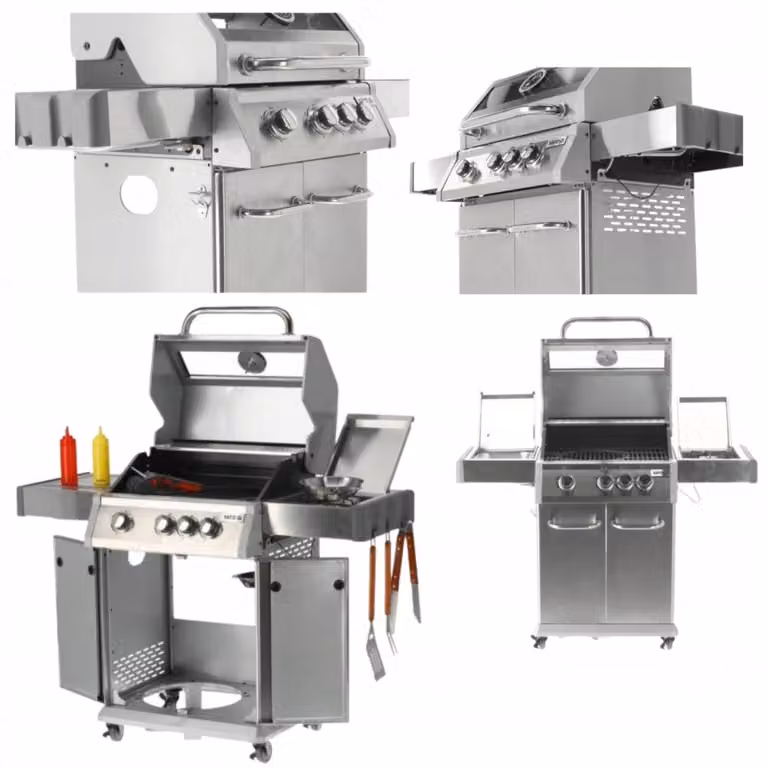 Griglia a gas 11,5 kW, 3+1 bruciatori, acciaio inox 122x57x114cm, finestra di visualizzazione