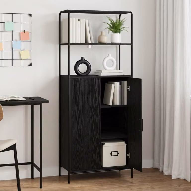 Credenza moderna vidaXL in legno e metallo nero con ante a battente H 161 x L 33 x P 40 cm