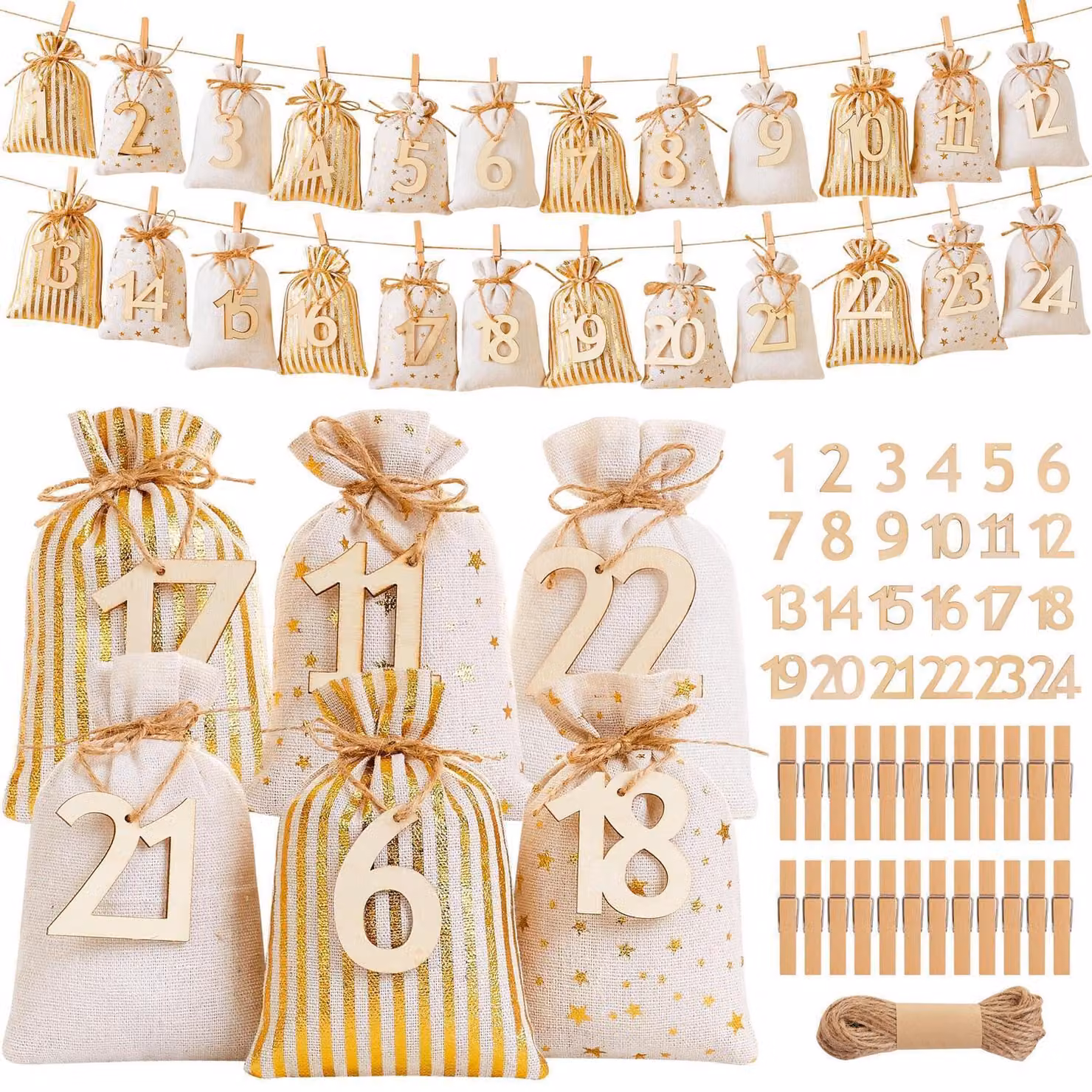 Calendario dell'Avvento da riempire: 24 sacchetti di tessuto con numeri, fai da te, colori oro, beige e giallo, dimensioni 15x10 cm
