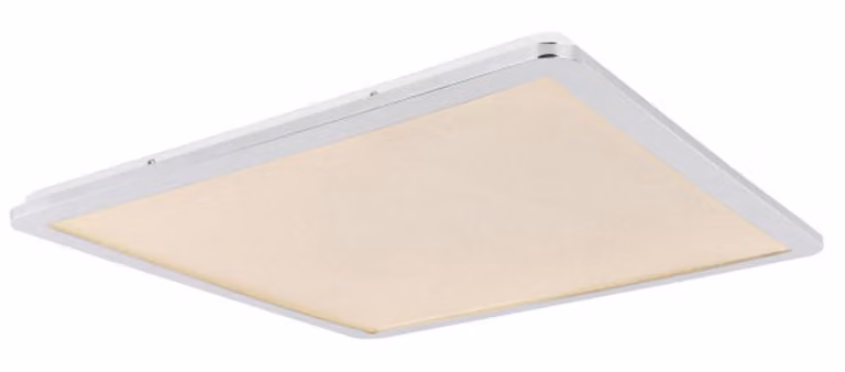 Globo Lighting plafoniera in metallo cromato, plastica satinata, cristalli acrilici trasparenti, IP44, CCT tramite interruttore a parete, LxPxH: 600x600x30mm, incl. LED 30W 230V, sorgente 2660lm, potenza 1730lm, CCT 3000/4000/6500K