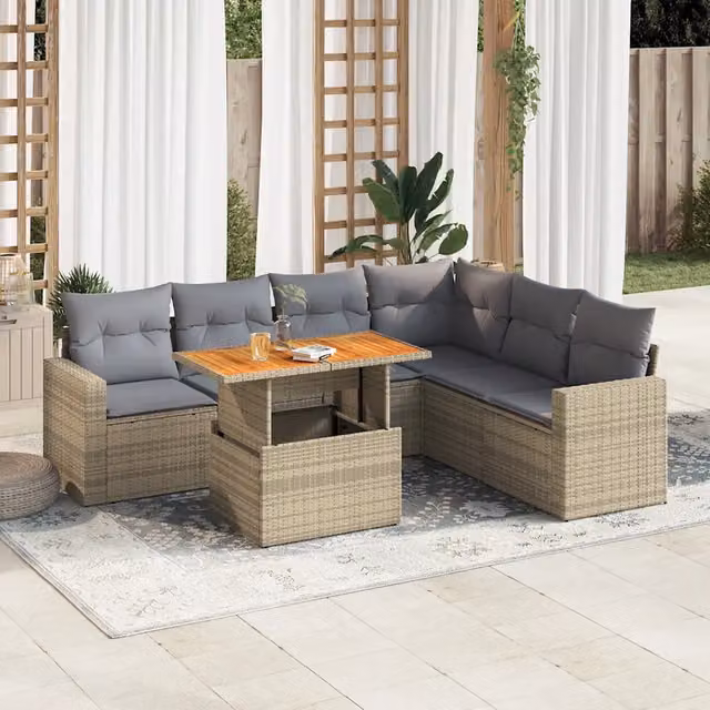Set Divani da Giardino 7 pz con Cuscini Beige in Polyrattan 3327048