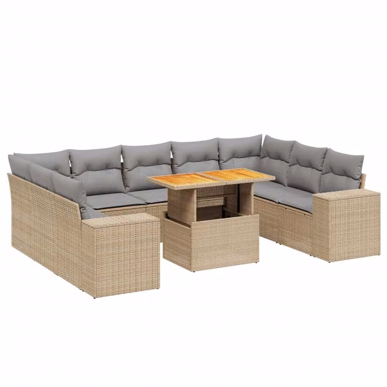 Set Divano da Giardino 10 pz con Cuscini Beige in Polyrattan