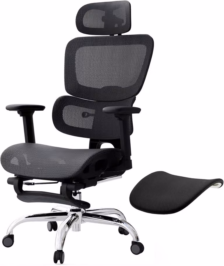 Sedia ergonomica per parrucchieri, con poggiapiedi e cuscino removibile, sedia da ufficio completamente imbottita con schienale regolabile in altezza e inclinabile fino a 135°, poggiatesta e braccioli
