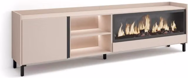 Mobile TV Soggiorno, 212x61x35 cm, Per TV fino a 80", Camino elettrico XXL, Design industriale, LED, Beige