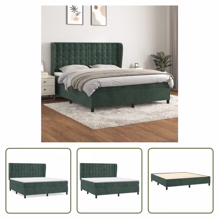 The Living Store Letto a molle con materasso verde scuro 160x200 cm in velluto