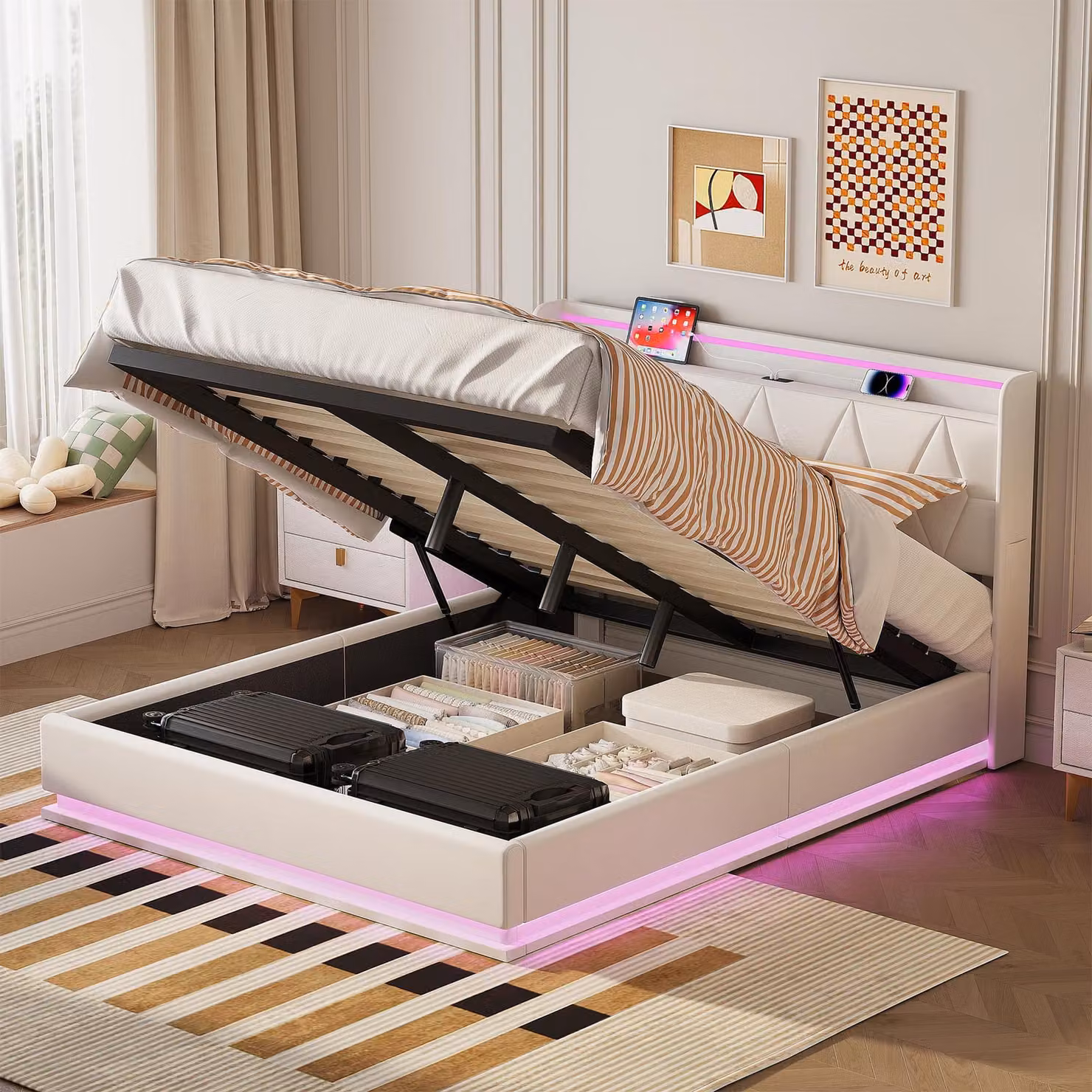 Letto imbottito Fortuna Lai 160×200 cm matrimoniale con illuminazione a LED, funzione di ricarica USB, rete idraulica e contenitore, letto moderno per ragazzi, velluto, bianco