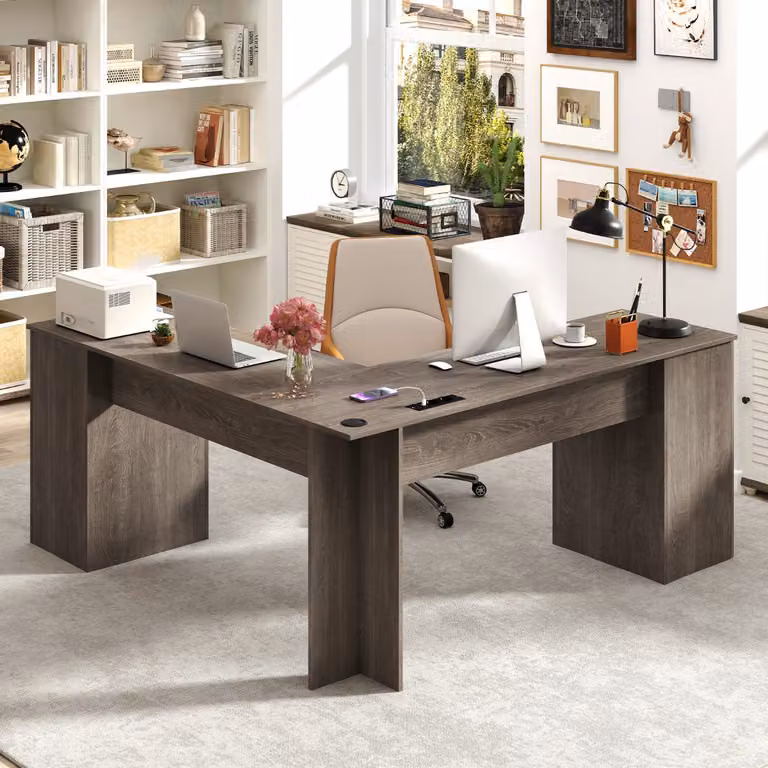 Scrivania angolare moderna Costway per gaming e ufficio, Grigio e Marrone, L/P/H: 168 x 168 x 76 cm