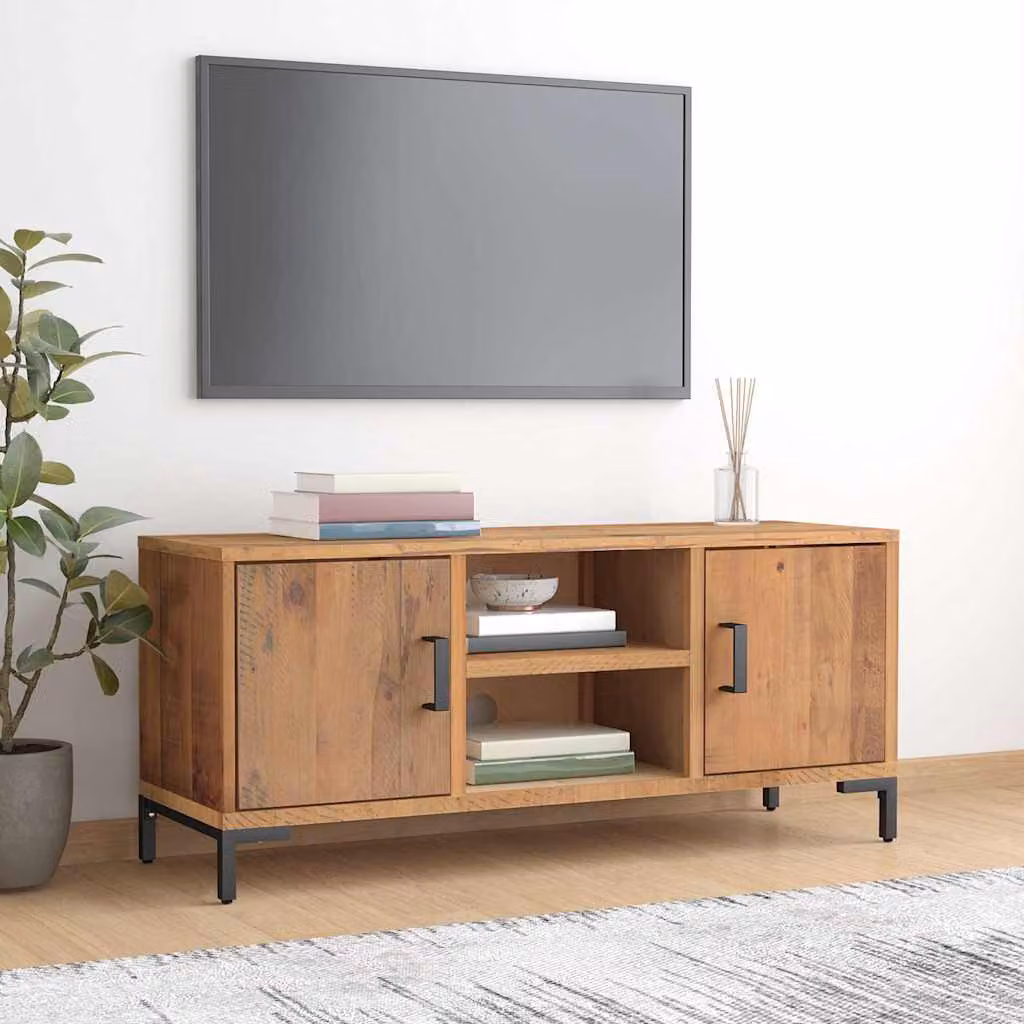 Mobile TV vidaXL in legno massello di pino e metallo, Marrone, L 110 cm x P 35 cm x H 48 cm
