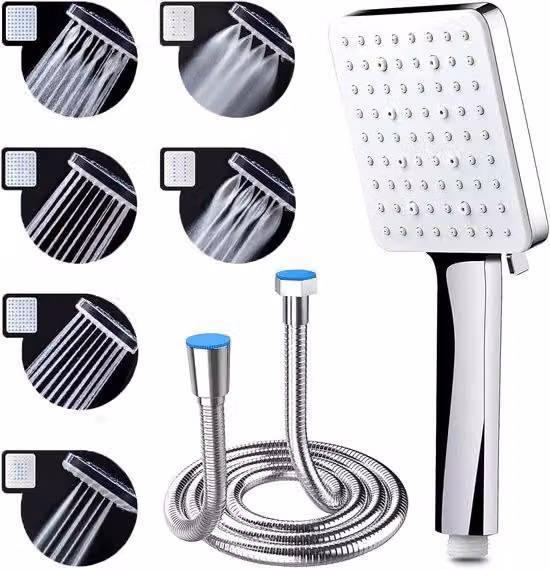 Soffione doccia ad alta pressione con braccio, lunghezza 1,5 m, soffione a risparmio idrico, 6 tipi di getto, alta pressione dell'acqua.
