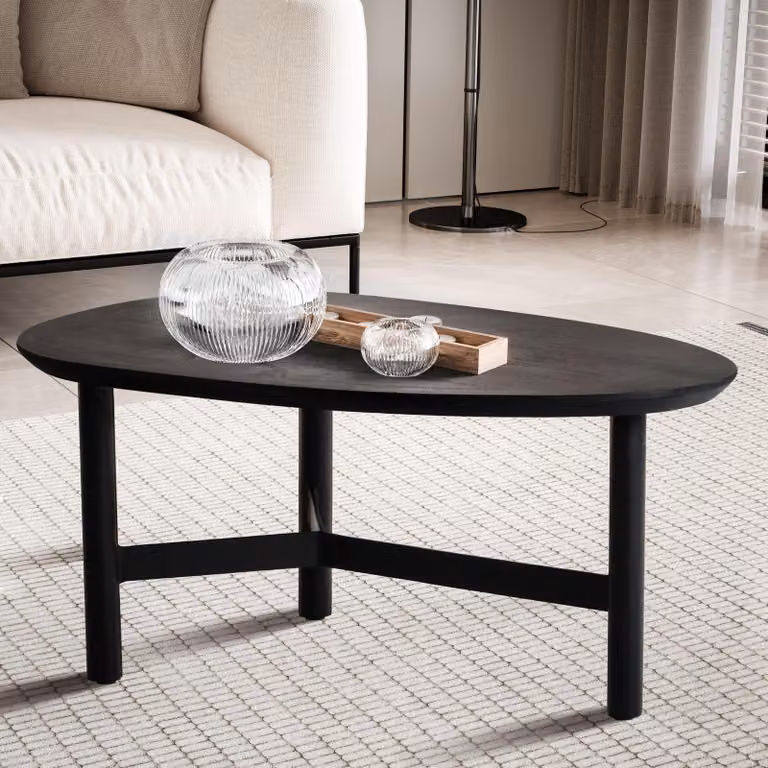 FineBuy Tavolino da salotto 80 cm a forma di rene in legno massello di mango nero · Tavolino da salotto con base metallica a tre gambe · Tavolino moderno in legno massello dal design ovale