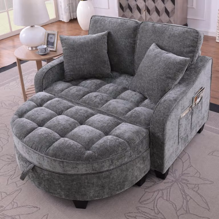 Divano multifunzionale 2-in-1, trasformabile in letto, con poggiapiedi contenitore, realizzato con materiali delicati sulla pelle, in legno di eucalipto, ideale per piccoli salotti, studi o camere da letto. Colore: grigio scuro