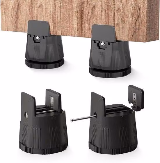 Adattatori regolabili per l'altezza dei mobili (6-8 cm) con sistema di fissaggio a vite, ideali per carichi pesanti, perfetti per tavoli e letti