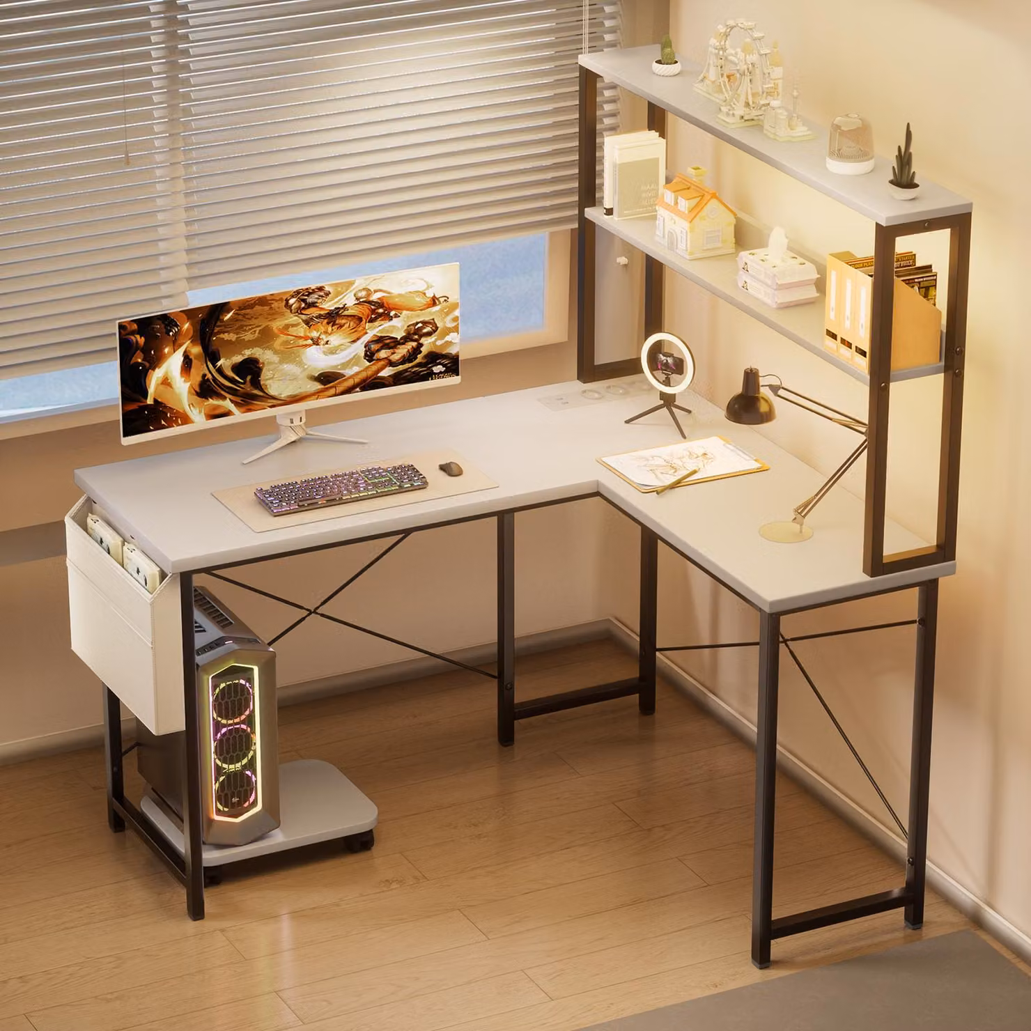 Scrivania a forma di L - Bianca - Con illuminazione a LED - In metallo e legno