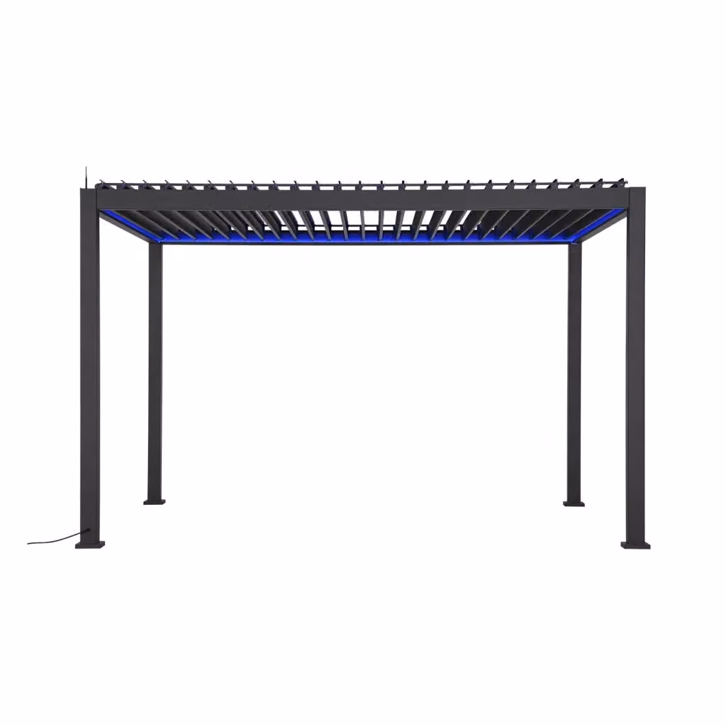 Pergola bioclimatica Sweeek in alluminio nero motorizzata con LED e tenda da 3m, L: 4 m, P: 3 m – 2