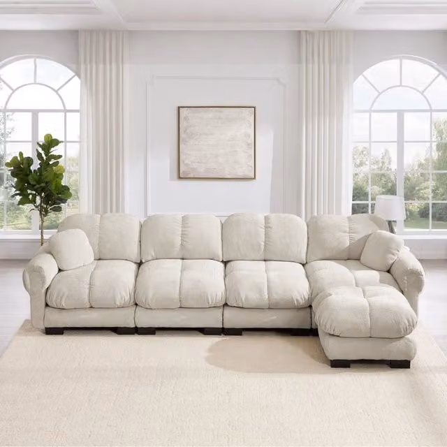 Divano angolare a L Mivray color beige con ottomana e cuscini inclusi, design moderno per il tuo soggiorno, L 330 x P 97 x H 90 cm