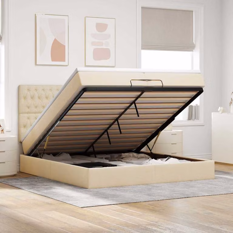 Letto matrimoniale con contenitore a sollevamento vidaXL in tessuto beige e bianco, dotato di illuminazione sottostante e porta di ricarica USB, L: 200 cm, P: 200 cm, H: 280 cm
