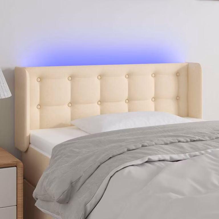 Testiera per letto vidaXL in tessuto beige con illuminazione LED e porta di ricarica USB, L 83 cm, P 16 cm, H 78-88 cm