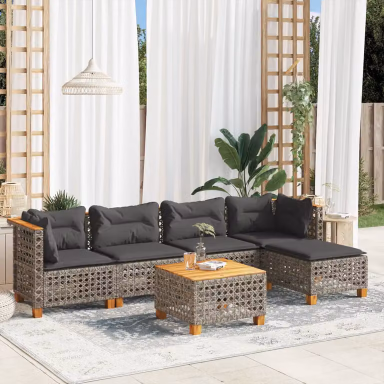 vidaXL Set Divano da Giardino a L in Polyrattan Grigio con Cuscini e Tavolino da 6 Pezzi