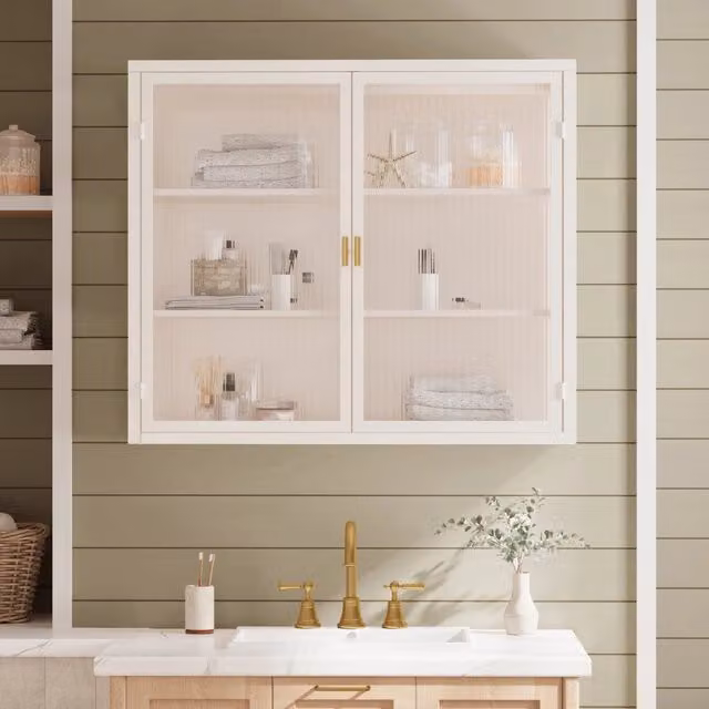 Mobile contenitore a parete con 2 ante e 3 ripiani rimovibili in metallo e vetro temperato, bianco, 70×23×60 cm