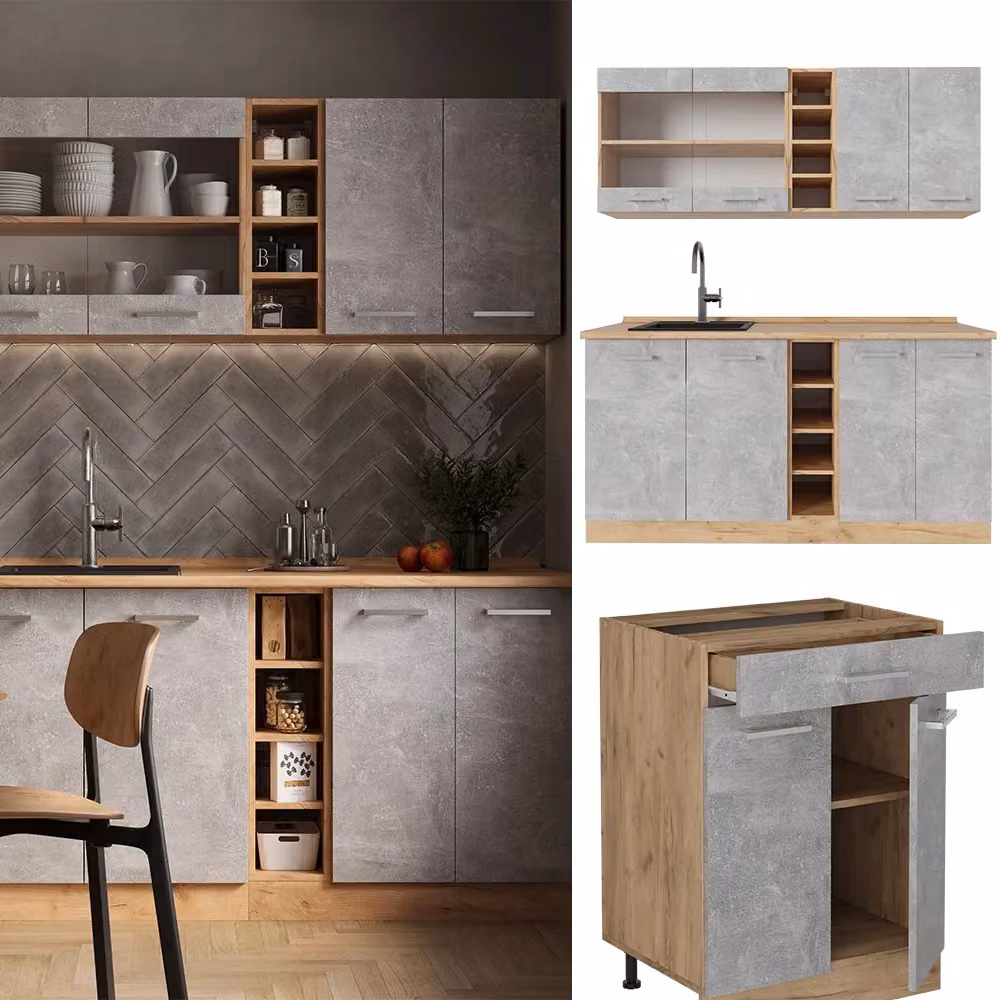 Cucina completa moderna R-Line Vicco in Calcestruzzo e Rovere dorato, L: 160 cm – 2