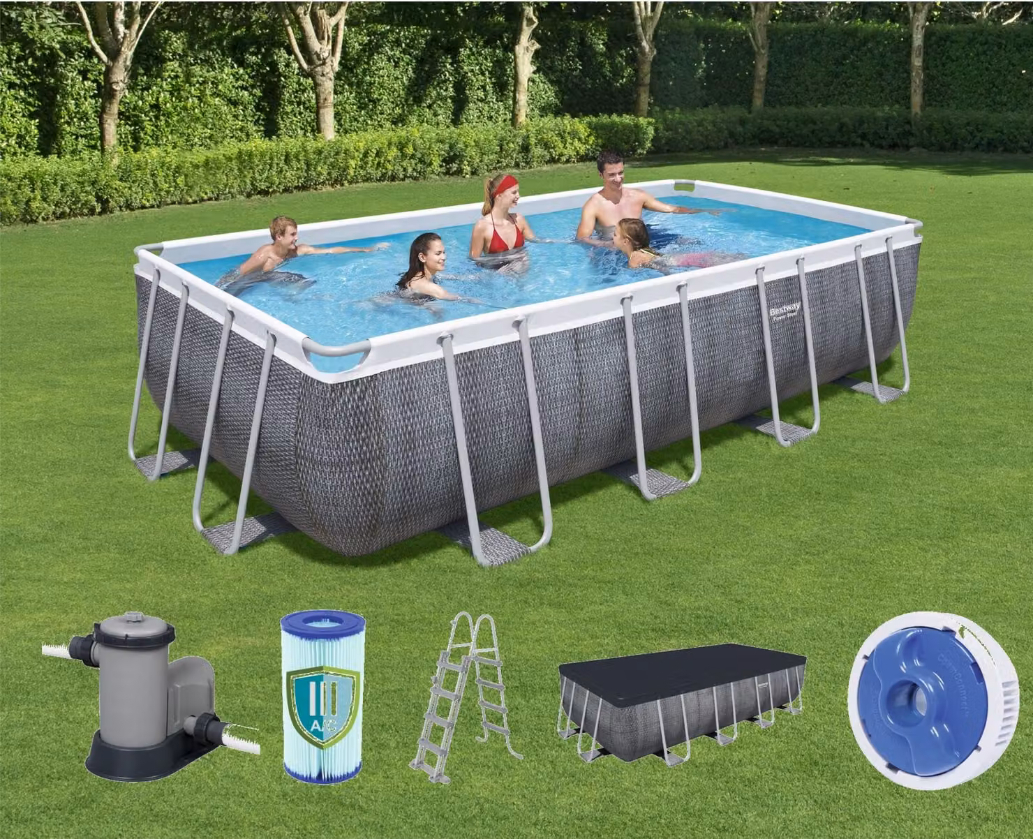 Set completo per piscina Power Steel™ Frame, quadrata, con pompa filtro, scala di sicurezza e telo 549 x 274 x 122 cm, piscina, nuoto, piscine
