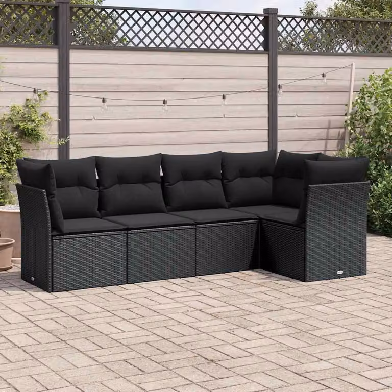 vidaXL Set Divani da Giardino a L 5 pz con Cuscini Neri in Polyrattan e Acciaio