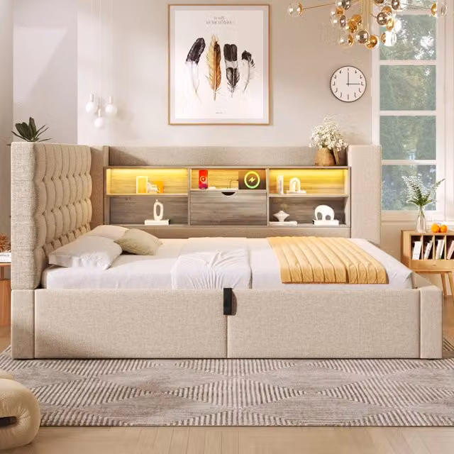 Letto moderno REDOM con base contenitore a sollevamento, testiera imbottita e illuminazione LED con porta USB, L/P/H: 158 x 140 x 203 cm, colori beige e grigio