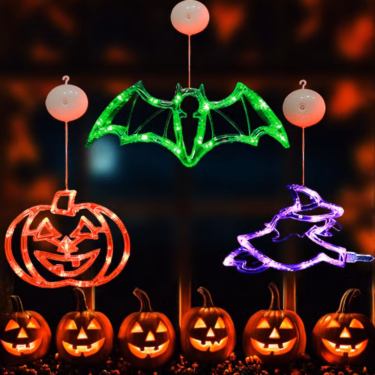 Luci decorative per finestre a tema Halloween, set di 3 pezzi, con luci LED, motivi di zucca, pipistrelli e streghe