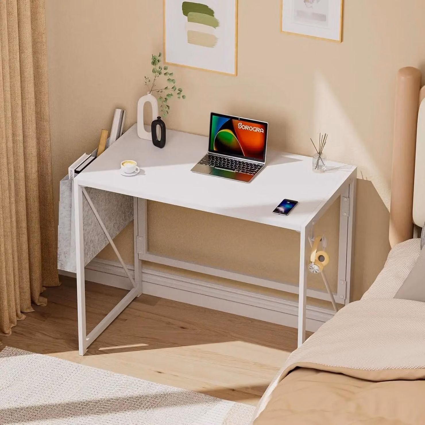 Scrivania pieghevole per computer - 100 × 48 × 72 cm - Tasca laterale con ganci - Salvaspazio - Struttura in plastica - Bianco