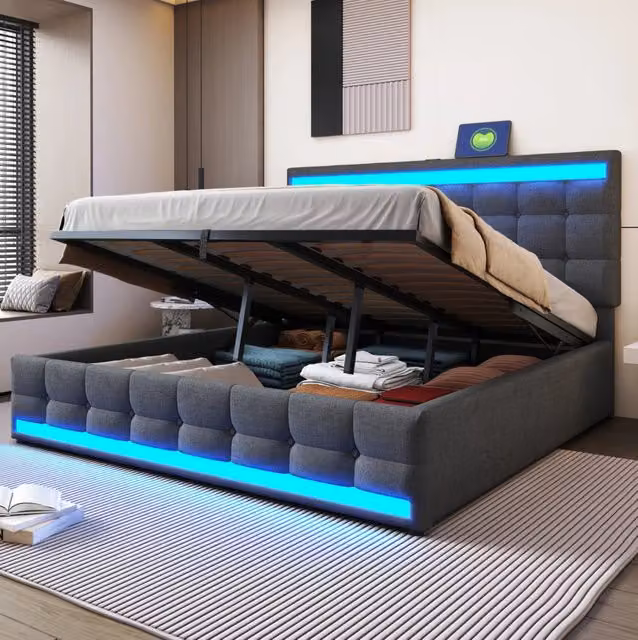 Letto imbottito 180x200 cm grigio con LED RGB, USB e testiera regolabile