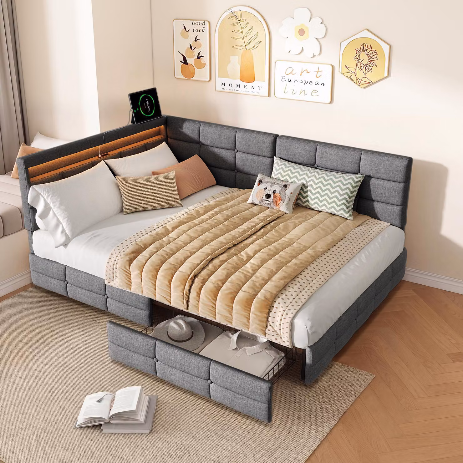 Letto 140x200 cm in lino grigio, testiera a L, illuminazione a LED, USB/Type-C, 2 cassetti