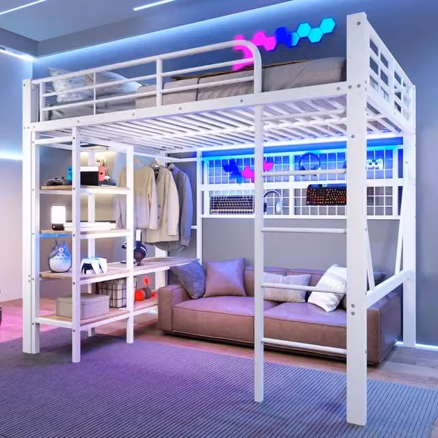 Letto a castello 140 x 200 cm in ferro, vano portaroggetti, rete appendioggetti, spazio aperto sotto il letto, barra LED - Bianco, senza materasso