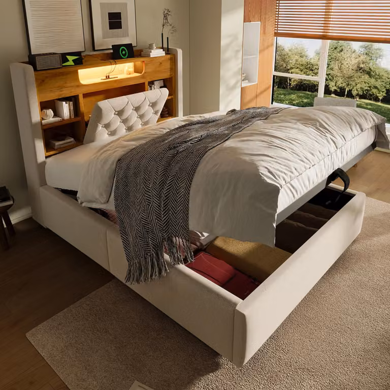 Letto imbottito okwish 90x200 con materasso, letto singolo con USB e Type-C, letto per ragazzi con LED e spazio contenitore a sollevamento idraulico, color beige