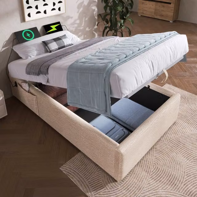 Letto singolo – 90x200 cm – USBC rete senza testiera – lino naturale