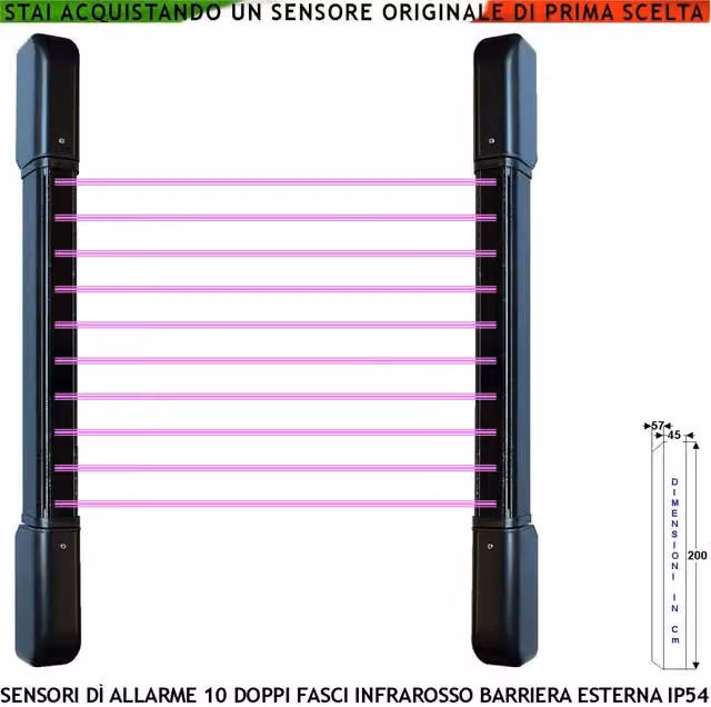 Barriera Infrarossi Attivi Multifasci Securvera Nero H 200 cm con Allarme Intruso e Relè Libero