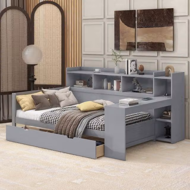 Letto singolo 90 × 200 cm con scrivania prese USB e ricarica 2 cassetti pannelli di particelle e MDF grigio