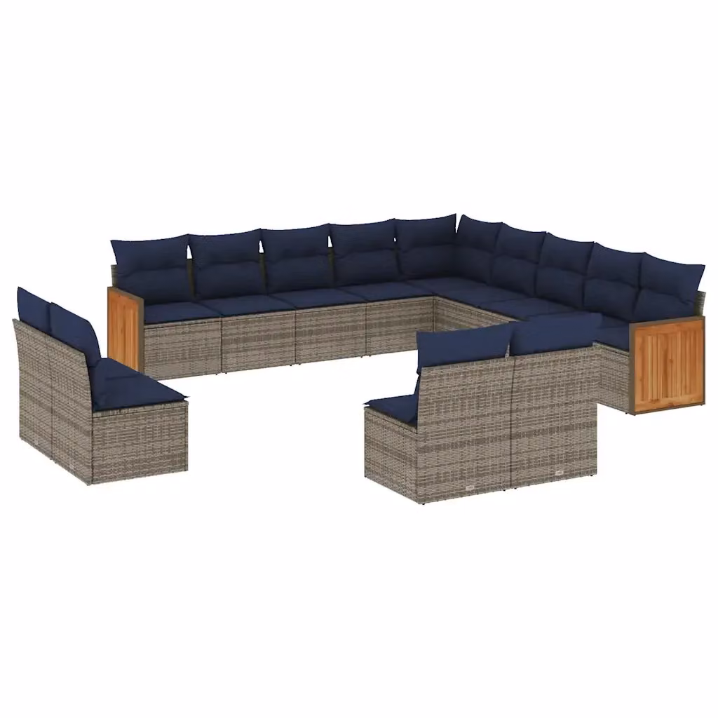 Set di Divani da Giardino vidaXL a Forma di U con 13 Pezzi, Polyrattan e Legno di Acacia, Grigio e Blu con Cuscini Inclusi – 2