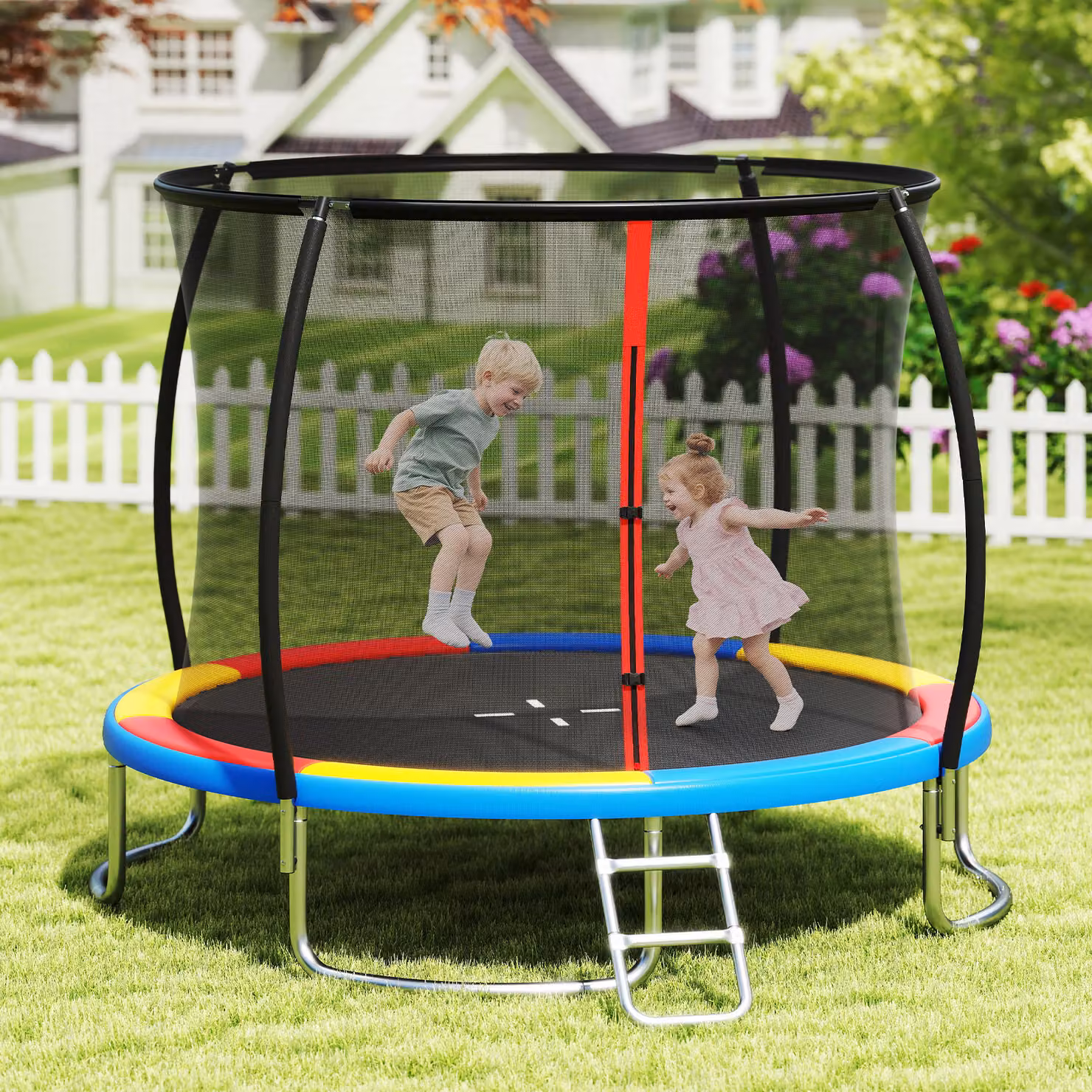 Costway Trampolino da esterno multicolore con rete di sicurezza e scala per bambini e adulti