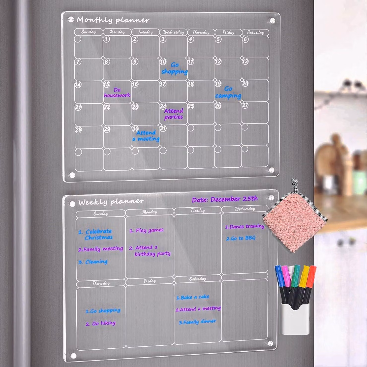 2 Set di pianificatori settimanali magnetici - Calendario magnetico cancellabile per frigorifero - Calendario in acrilico trasparente