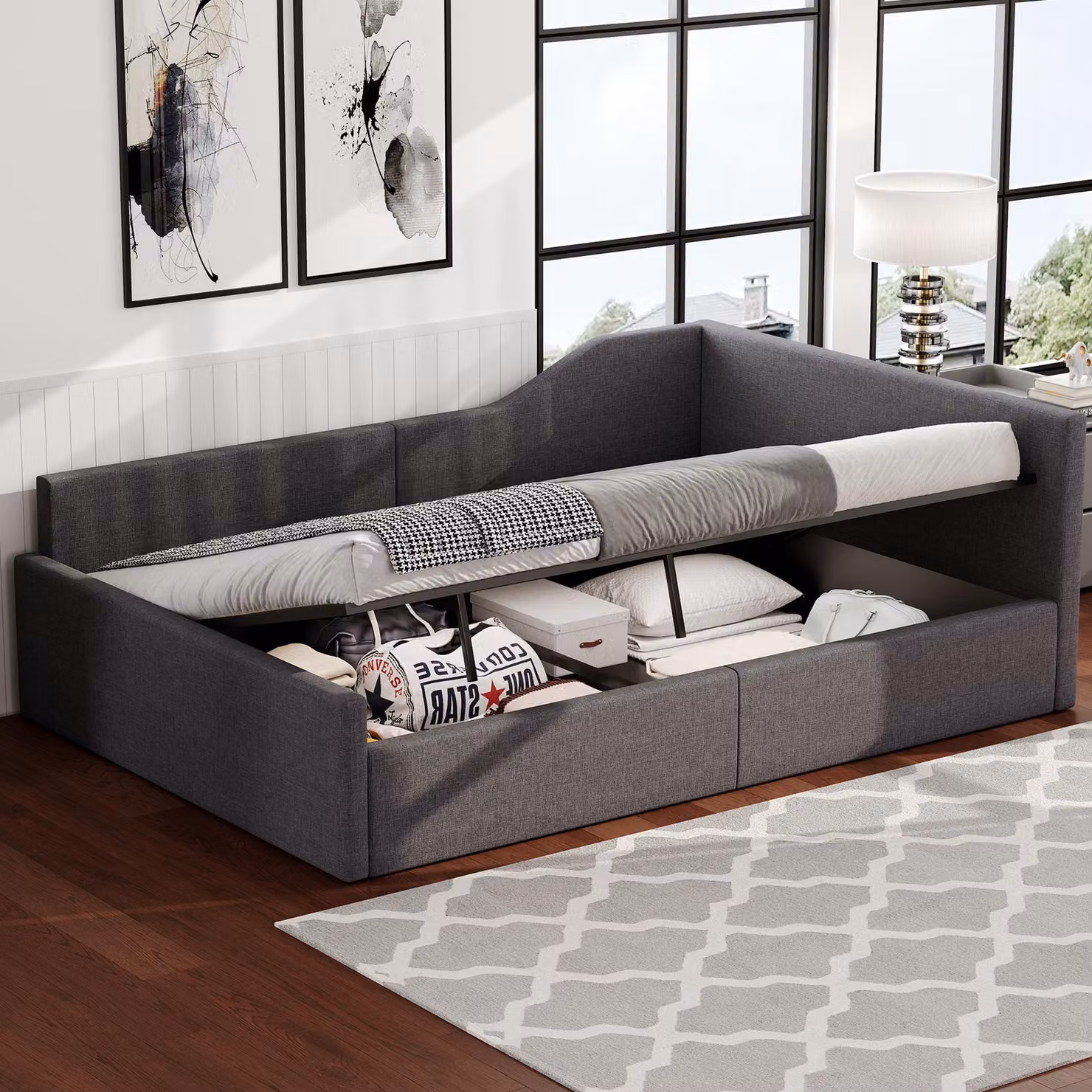 MODFU Divano letto con materasso 140×200 con contenitore sottostante, letto da giorno con struttura in legno e tessuto di lino, letto da giorno con schienale e braccioli, grigio