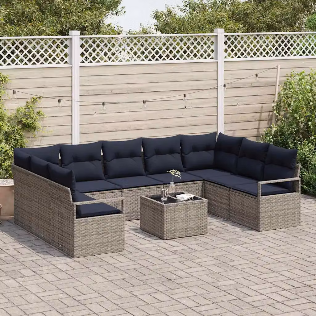 Set di divani da giardino vidaXL a forma di U in rattan grigio con tavolo da caffè e cuscini inclusi
