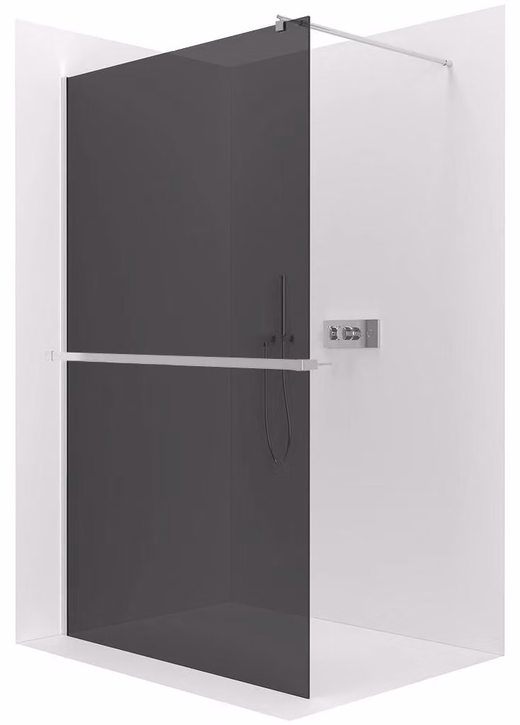 Pannello doccia walk-in Onyx Round, versione sinistra/destra - vetro da 8 mm + ripiano/portasciugamani - colonna rotonda - cromato, vetro grigio - 110x200 cm