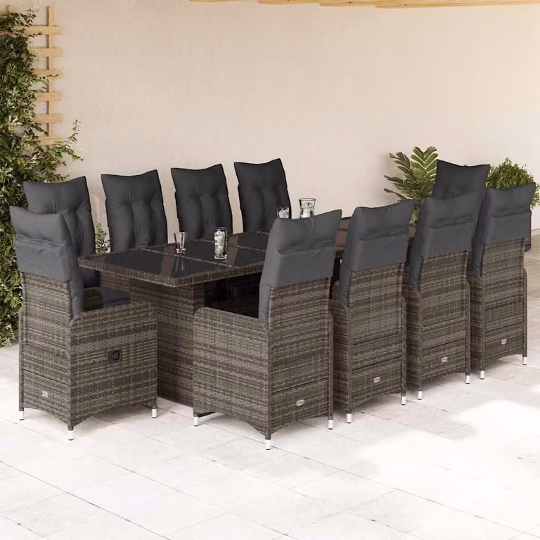 Set Bistrò da Giardino e Balcone vidaXL 11 pz in Polyrattan e Metallo con Cuscini Grigio