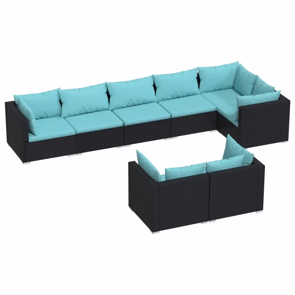 Set da giardino vidaXL a forma di L composto da 8 pezzi con cuscini blu e struttura in metallo nero e rattan – 2